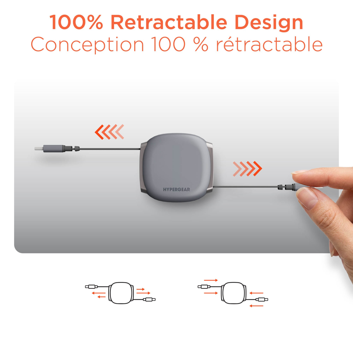 HyperGear FlexiGo 100W USB-C to USB-C Retractable Cable delivers up to 100W USB-C Power Delivery with a compact, retractable design for organized charging on the go.