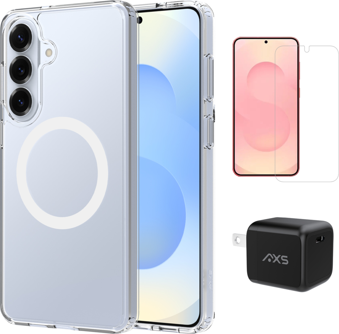 Kit de démarrage AXS | Coque MagSafe ultra-transparente, film de protection d'écran et chargeur 30 W pour Samsung Galaxy S26+