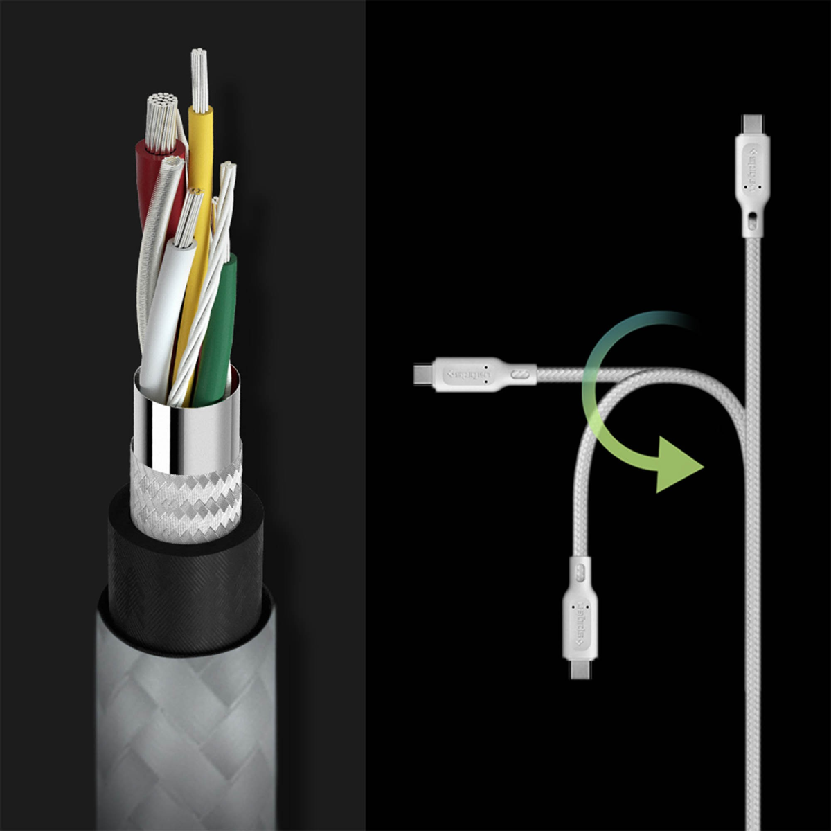 The Spigen 4ft / 120cm USB-C to USB-C Cable (2pk) delivers fast 60W charging, rapid data transfer, and durable, tangle-free performance in a sleek white design.