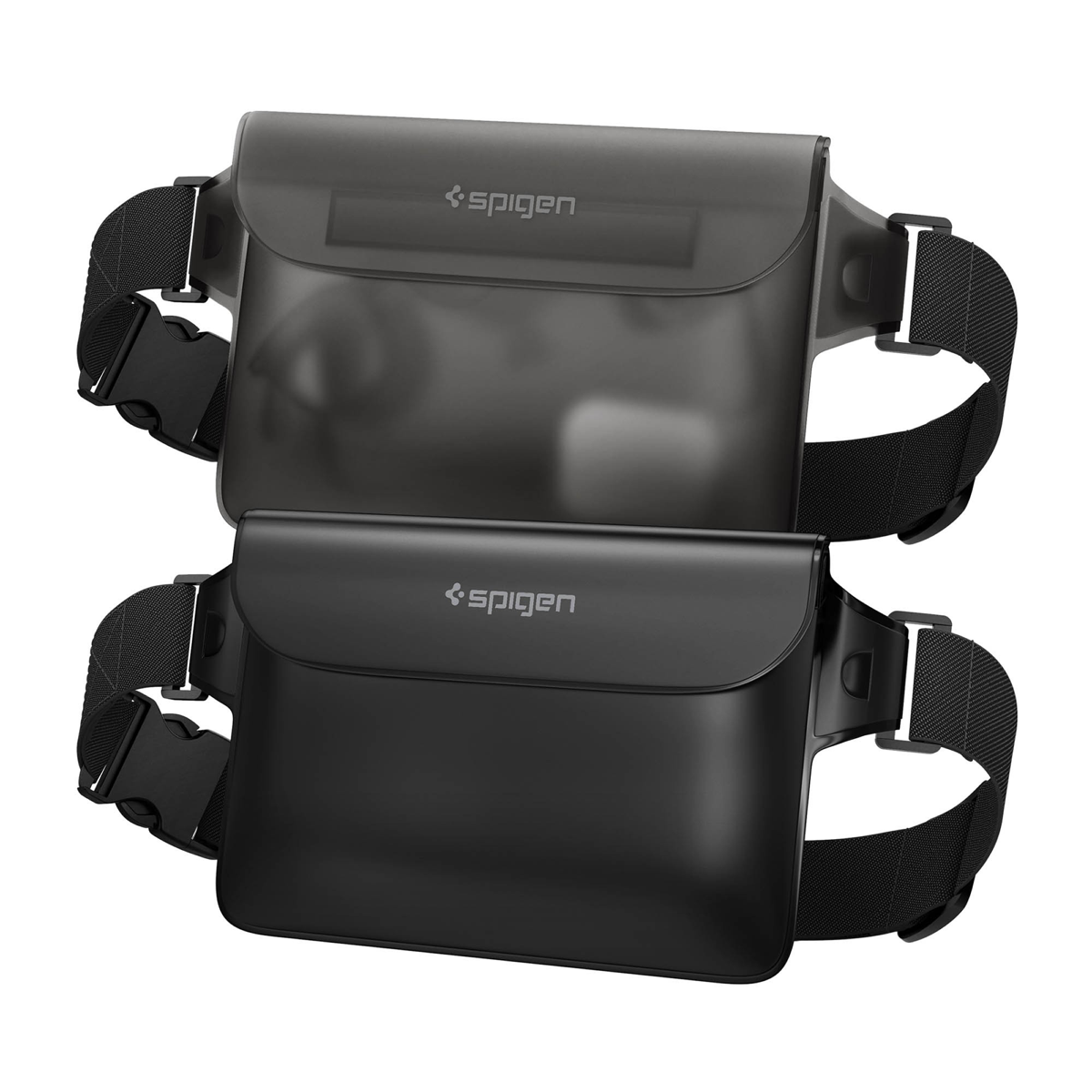 Spigen Universal Waterproof Waist Bag 2-Pack protects phones and essentials from water, sand, and dust with touchscreen access and an adjustable strap.