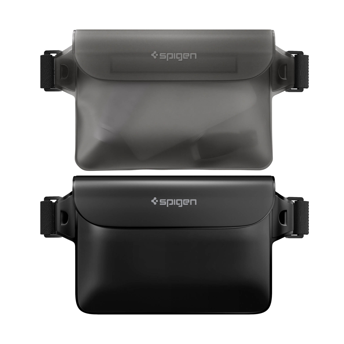 Spigen Universal Waterproof Waist Bag 2-Pack protects phones and essentials from water, sand, and dust with touchscreen access and an adjustable strap.