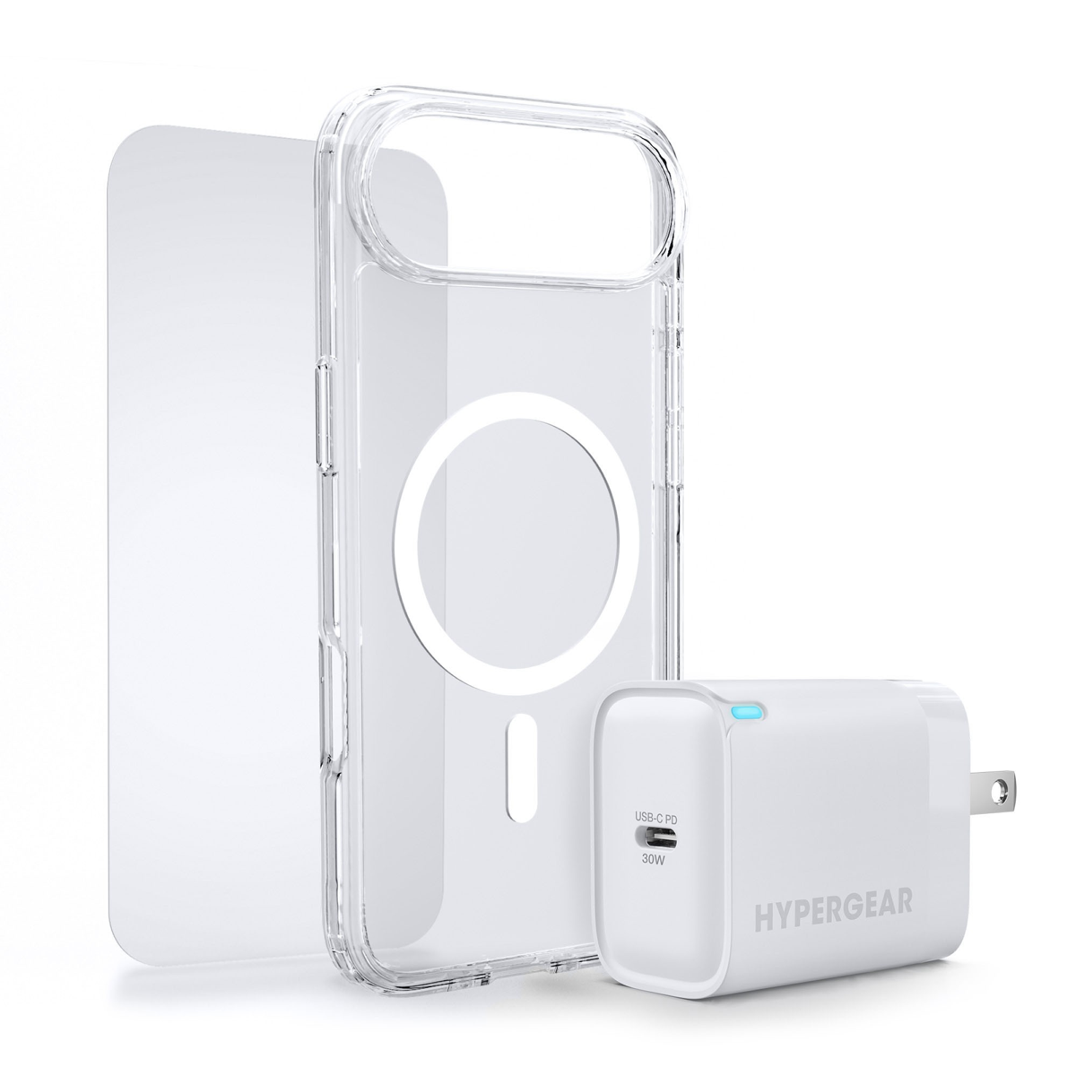 The HyperGear Accessory Bundle provides all the essentials to get started with a new phone: a clear MagSafe case, a screen protector, and a fast-charging 30W power adapter.