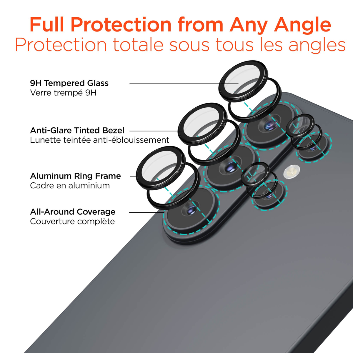 The HyperGear Lens Protector features a shock-absorbing body and scratchproof shield to safeguard the camera lenses from accidental damage.