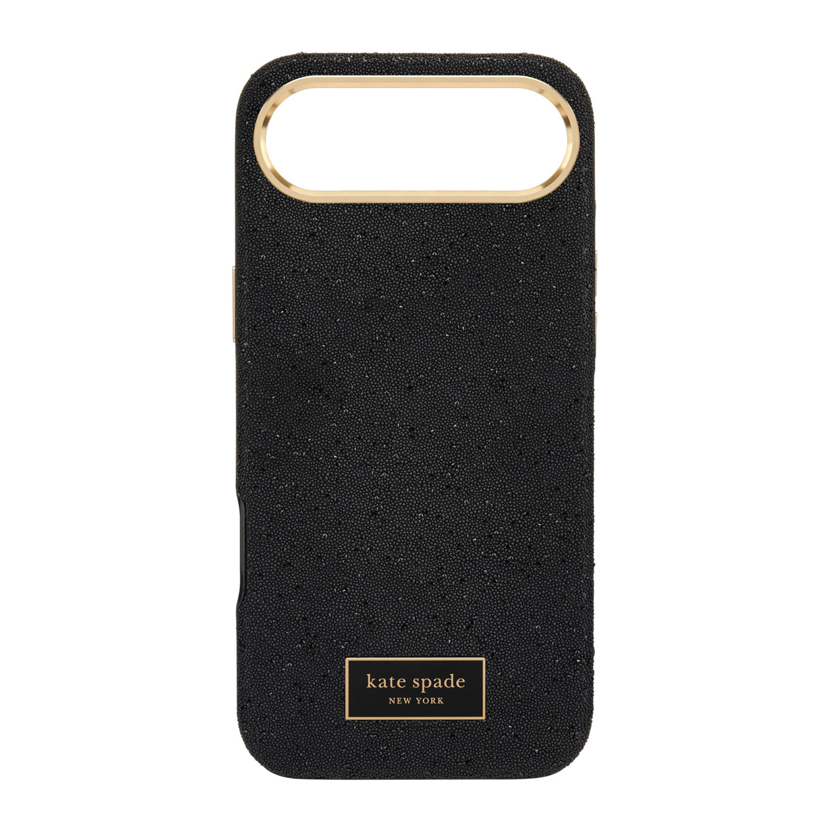 The kate spade new york Crystal Pavé Case is a stylish phone case featuring a black crystal pavé inlay with gold hardware, provides 12-foot drop protection and offers MagSafe compatibility.