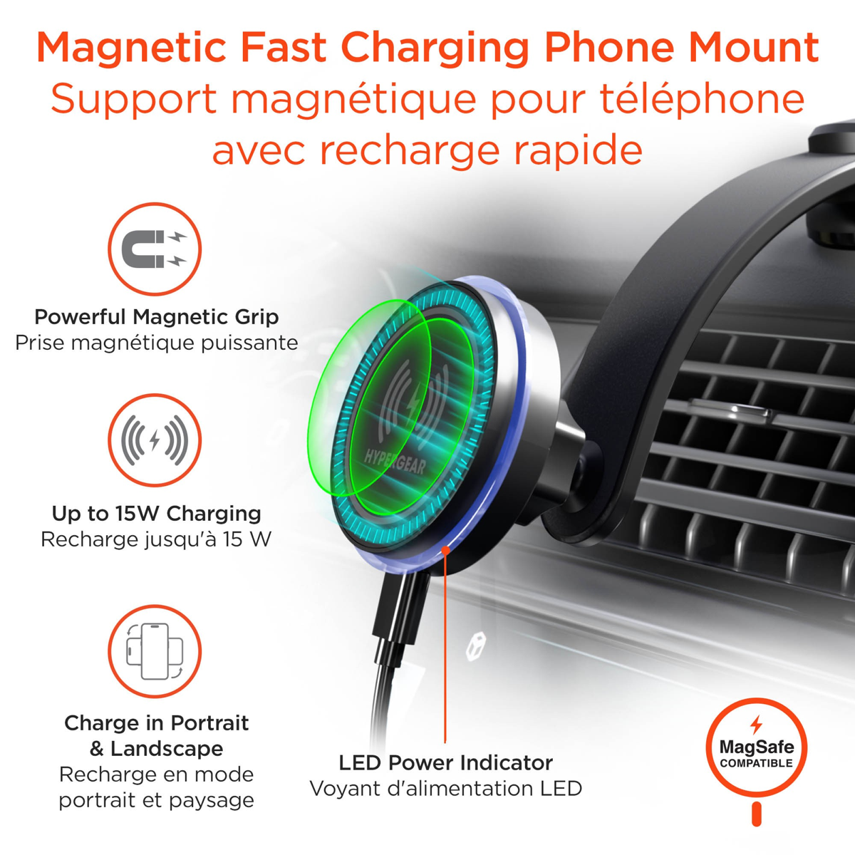 HyperGear MaxCharge Phone Mount combines MagSafe-compatible wireless fast charging with a secure magnetic car mount for convenient hands-free driving.
