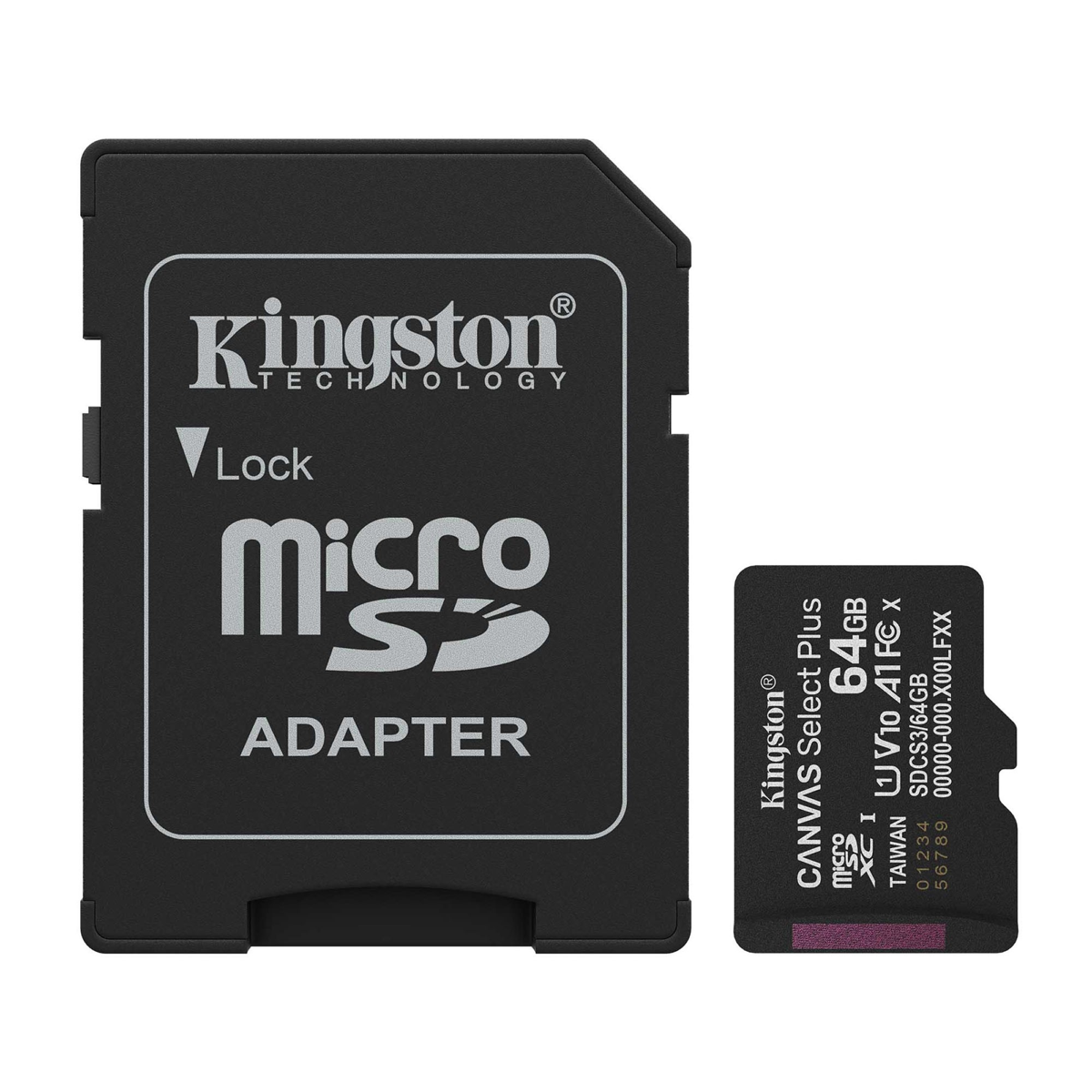 Kingston’s Canvas Select Plus 64GB microSD card offers reliable performance, compatible with Android devices and cameras, with speeds up to 100MB/s1 and A1 app performance.