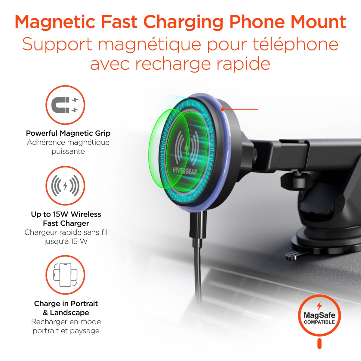 HyperGear MaxCharge Wireless Charging Vehicle Mount Kit is compatible with MagSafe and keeps devices secure while delivering fast wireless charging with magnetic one-hand mounting convenience.