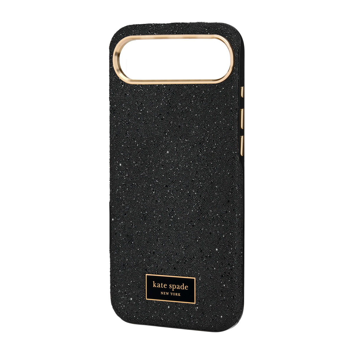 The kate spade new york Crystal Pavé Case is a stylish phone case featuring a black crystal pavé inlay with gold hardware, provides 12-foot drop protection and offers MagSafe compatibility.
