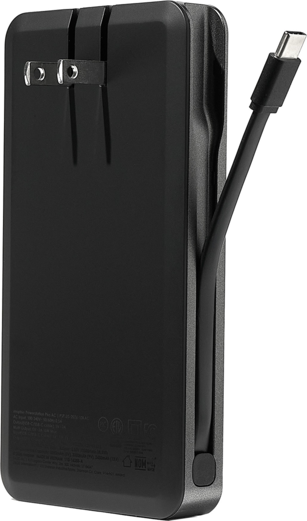 Mophie 10,000 mAh Powerstation Plus AC delivers up to 20W fast charging with an integrated USB-C cable, built-in AC plug, and dual-device charging in one travel-ready design.