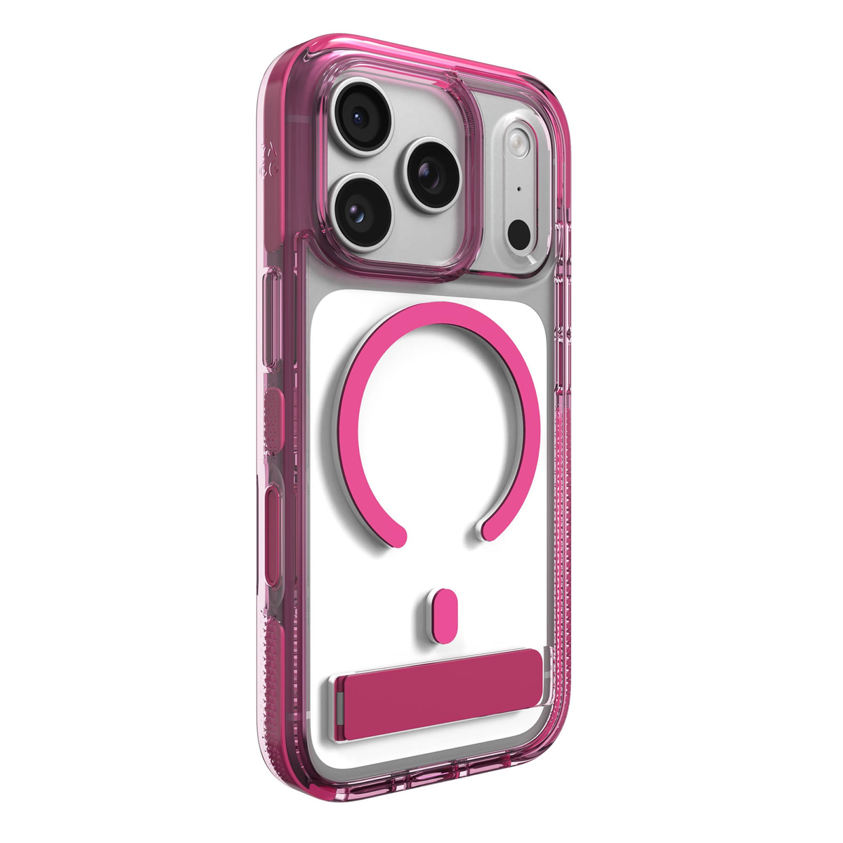 The ZAGG Santa Cruz Snap is a transparent case with pops of color that accent its design. It offers 13-foot drop protection, a sturdy kickstand that folds flush with the case, and is MagSafe compatible.