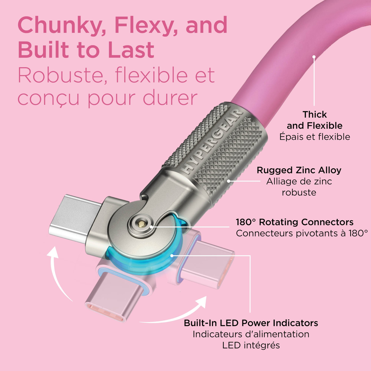 The HyperGear Chunky180° 6ft USB-C to USB-C cable is 20X stronger than standard cables, provides fast charging performance and features dual 180° rotating tips which reduce strain on ports.