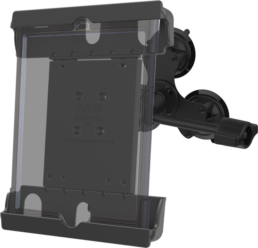 The RAM® Tab-Tite™ with RAM® Twist-Lock™ Triple Suction for 9"-10.5" Tablets is a triple suction cup base to keep the device secure and steady over all types of terrain.