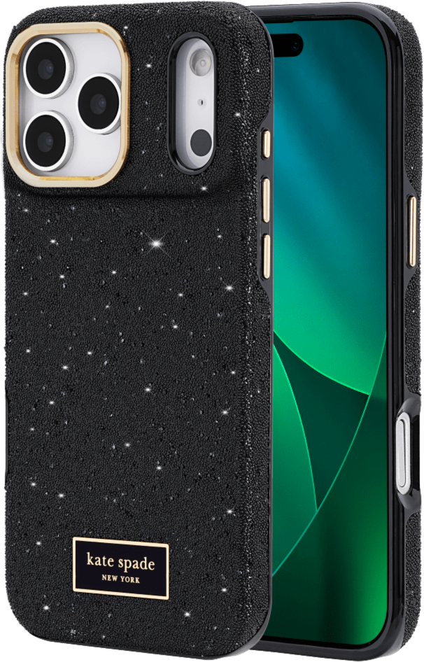 <p>The kate spade new york Crystal Pavé Case is a stylish phone case featuring a black crystal pavé inlay with gold hardware, provides 12-foot drop protection and offers MagSafe compatibility.</p>