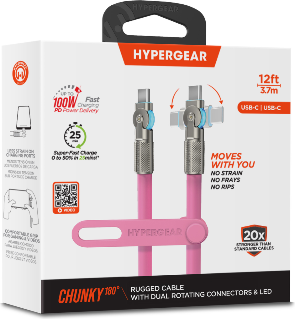 The HyperGear Chunky180° 12ft USB-C to USB-C cable is 20X stronger than standard cables, provides fast charging performance and features dual 180° rotating tips which reduce strain on ports.