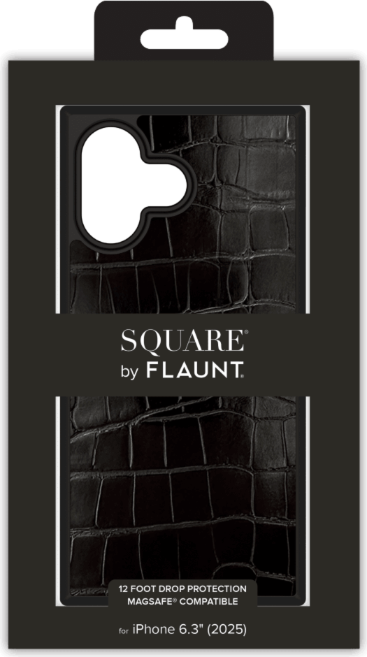 The FLAUNT SQUARE® Faux Leather case offers sleek, chic protection with a patent-pending square design and cushioned corners for enhanced shock absorption, featuring 12ft drop test protection.