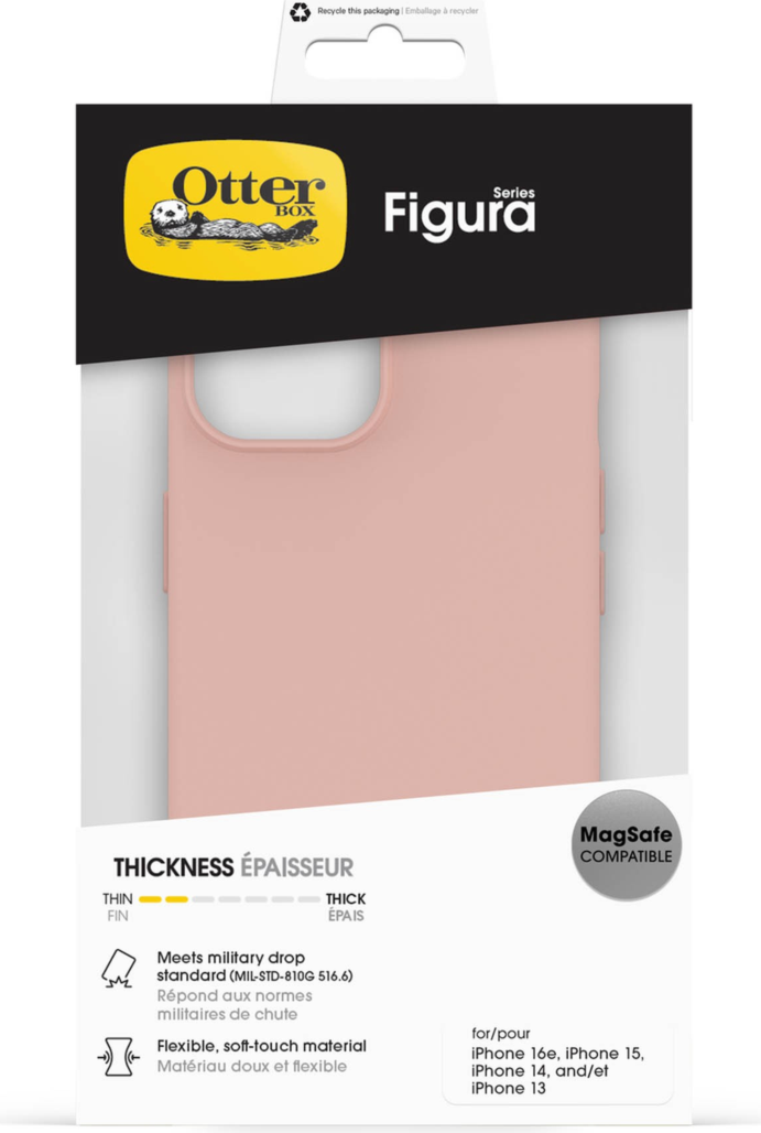 The OtterBox Figura Series blends a velvety-soft feel with ultra-slim protection, military-grade drop defense, MagSafe compatibility, and raised edges to guard the screen and camera.