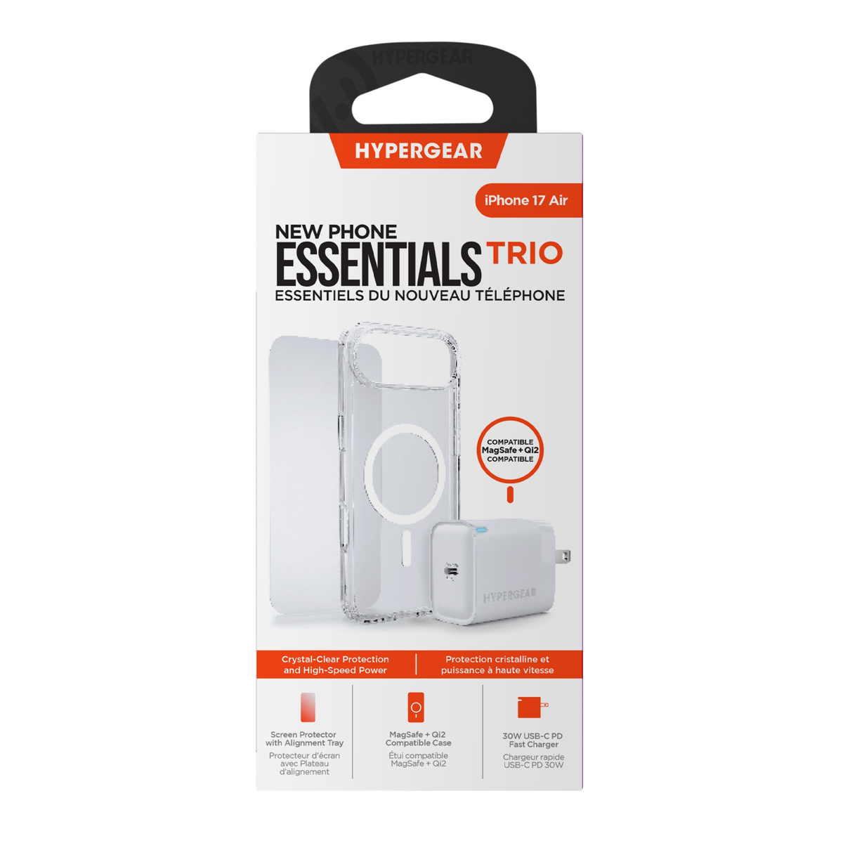 The HyperGear Accessory Bundle provides all the essentials to get started with a new phone: a clear MagSafe case, a screen protector, and a fast-charging 30W power adapter.