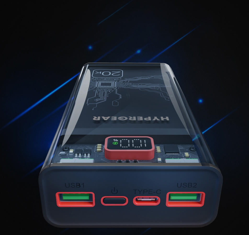 <p>The HyperGear 20,000 mAh Transparent Fast Charge Power Bank charges 3 devices at once, delivering up to 22.5W of combined power with a USB-C PD port and two USB-A fast charging ports.</p>