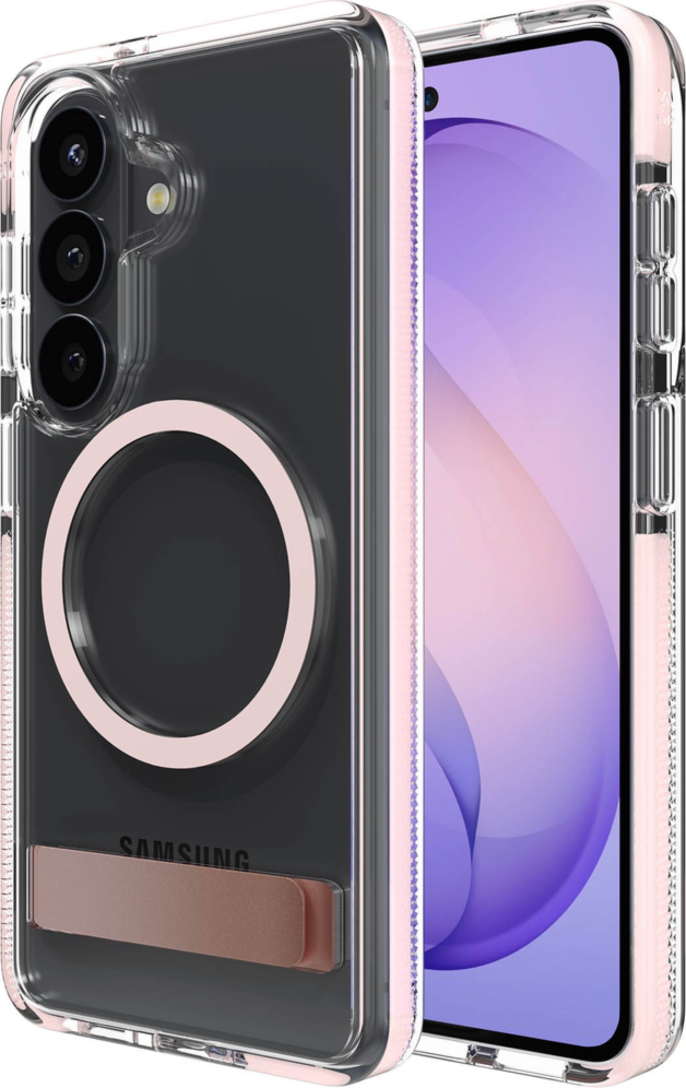 The ZAGG Santa Cruz Snap is a transparent case with pops of color that accent its design. It offers 13-foot drop protection, a sturdy kickstand that folds flush with the case.