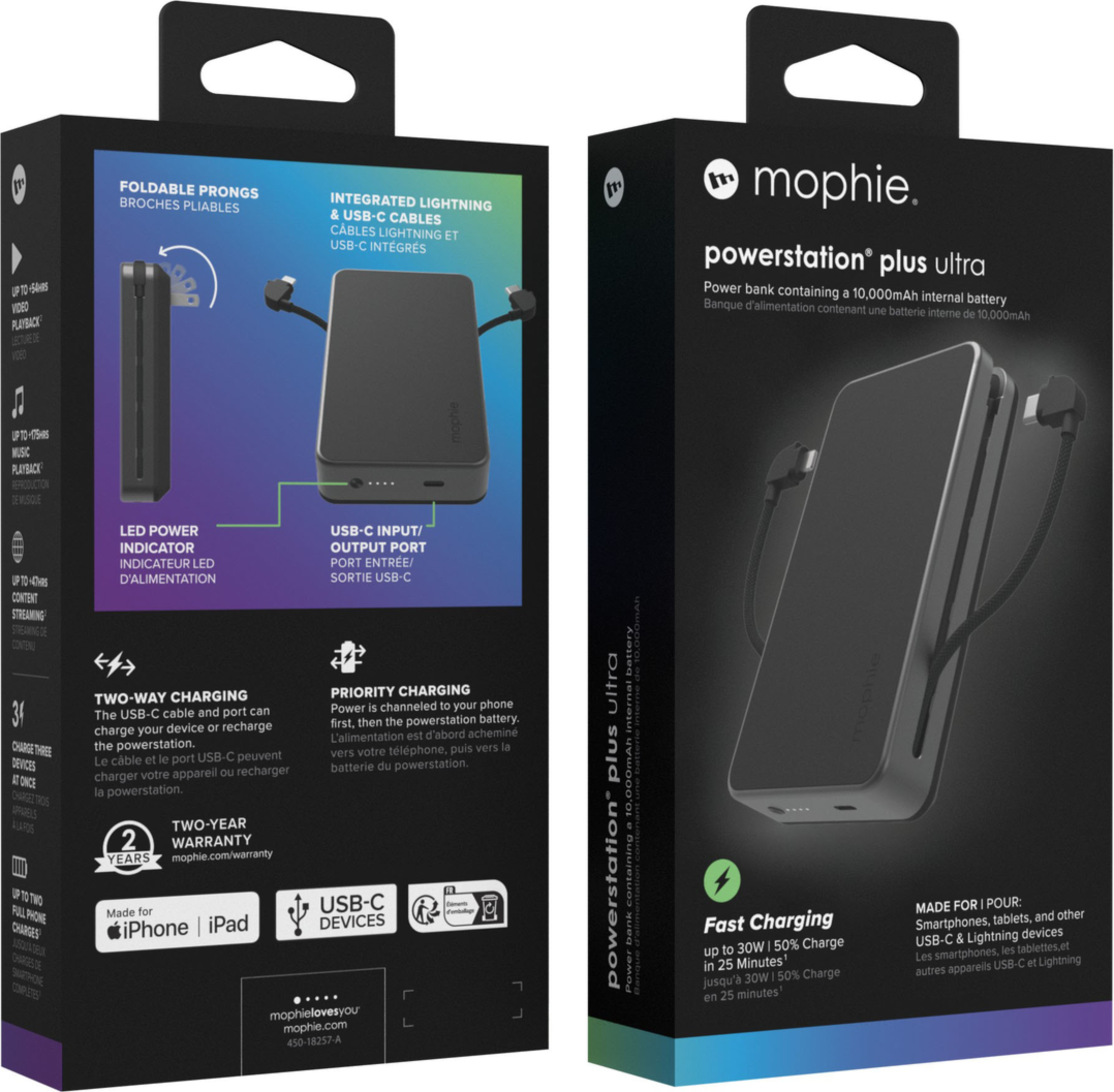 <p>The mophie 10,000 mAh Powerstation Plus with Plug is a compact power bank containing 10,000mAh internal battery, featuring a fast-charging USB-C port and integrated USB-C and Lightning cables.</p>