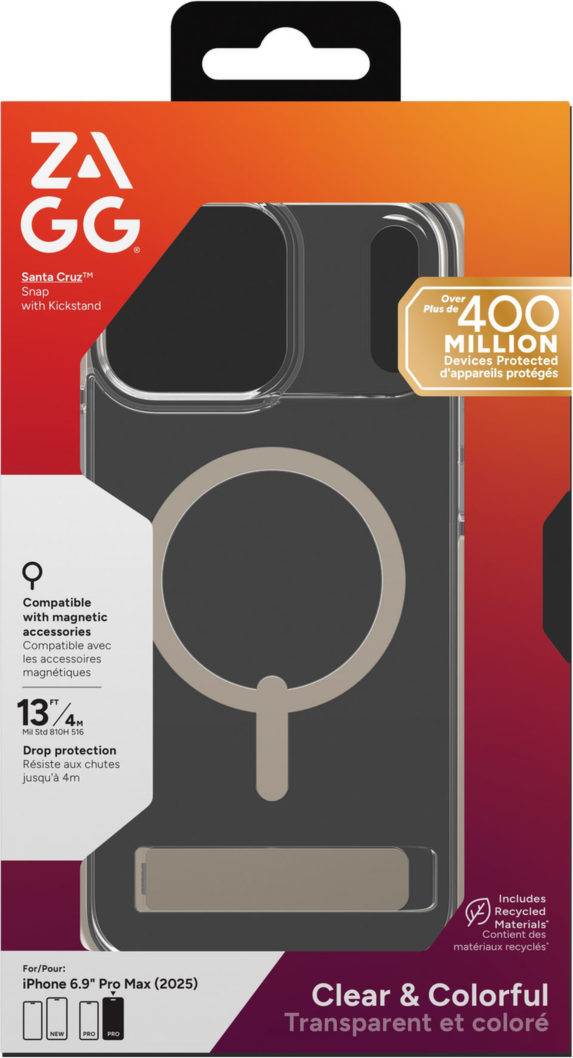 The ZAGG Santa Cruz Snap is a transparent case with pops of color that accent its design. It offers 13-foot drop protection, a sturdy kickstand that folds flush with the case, and is MagSafe compatible.