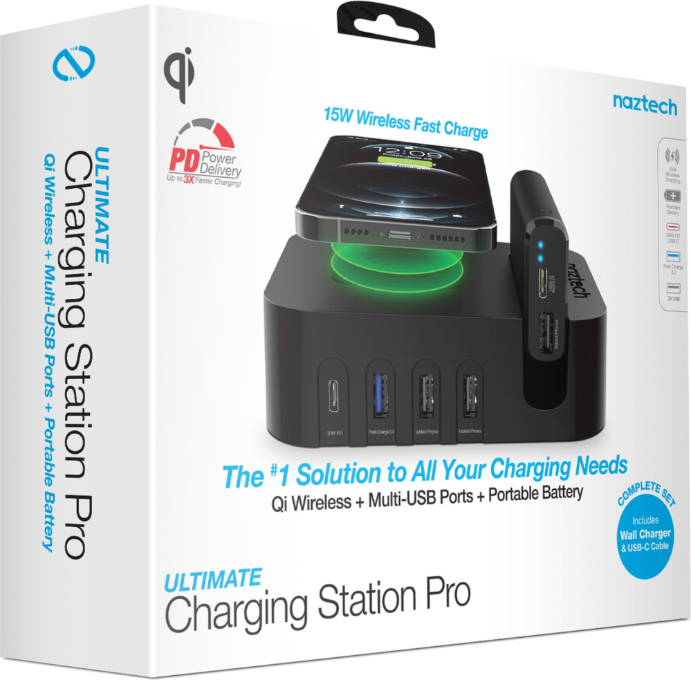 <p>Get the perfect all-in-one charging solution with the Naztech Ultimate Charging Station Pro. Juice up seven (7) devices at once with 65W of power, including up to 15W wireless and included 4000mAh portable power bank.</p>