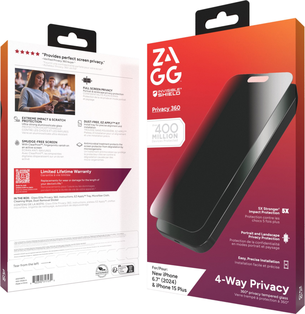 <p>The ZAGG InvisibleShield Glass Elite Privacy 360 Screen Protector has a four-way filter that protects your screen from prying eyes in portrait or landscape mode.</p>