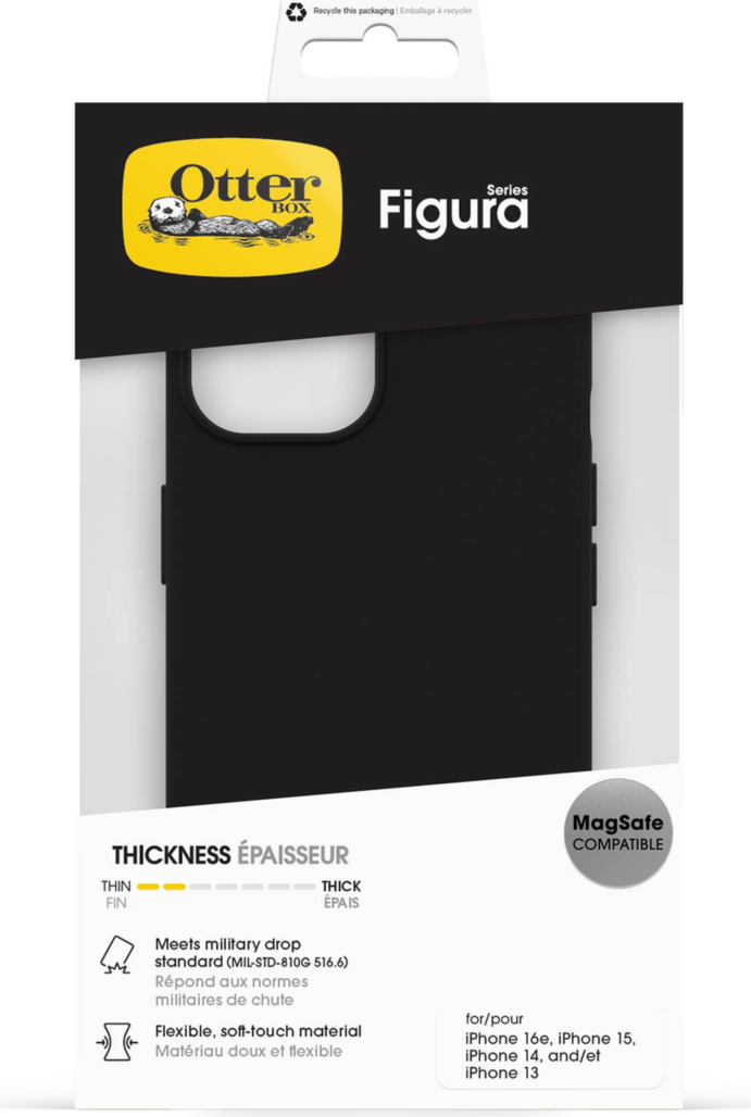 The OtterBox Figura Series blends a velvety-soft feel with ultra-slim protection, military-grade drop defense, MagSafe compatibility, and raised edges to guard the screen and camera.