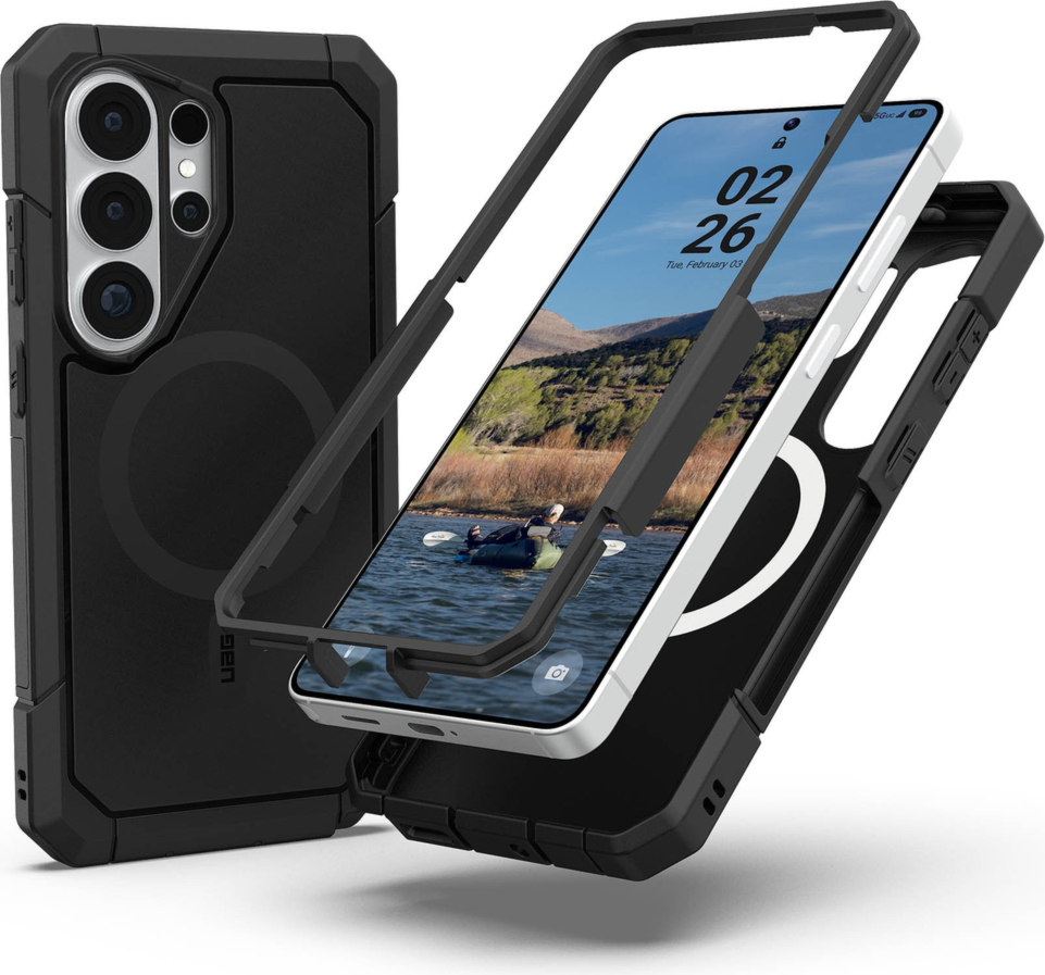 The UAG Trooper case offers 30ft drop protection, a 2-piece design, and a port cover to shield against the elements. Features a traction grip and a built-in magnet module.