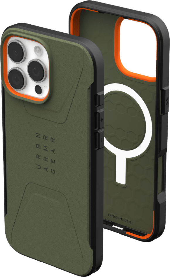 The modern yet rugged UAG Civilian case features shock absorbing construction in a lightweight design that is compatible with MagSafe charging.