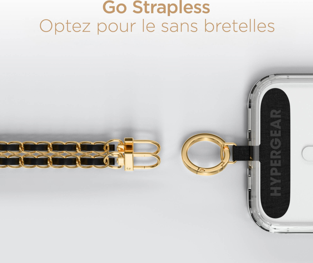 This HyperGear Universal Crossbody Phone Strap blends luxe vegan leather and a polished gold chain for a chic, hands-free carry. It offers a secure, undroppable, and adjustable fit for any phone.