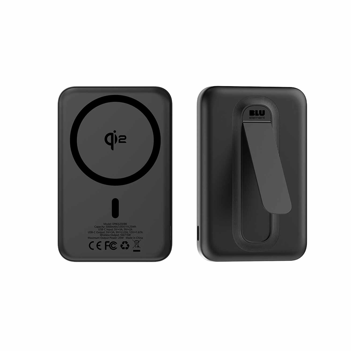 Blu Element BEPBQi25KBK Batterie Externe sans Fil Qi2 avec Support 5K Noir