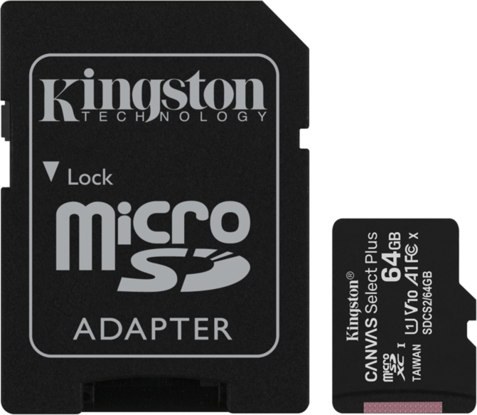 Kingston’s Canvas Select Plus 64GB microSD is compatible with Android devices and designed with A1-rated performance.