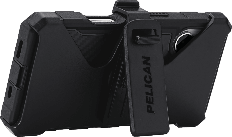 The Pelican Shield MagSafe Case offers 24-foot drop protection, featuring a dual-layer defense, carbon fiber, a textured grip, a versatile belt clip/stand, and MagSafe charging compatibility.