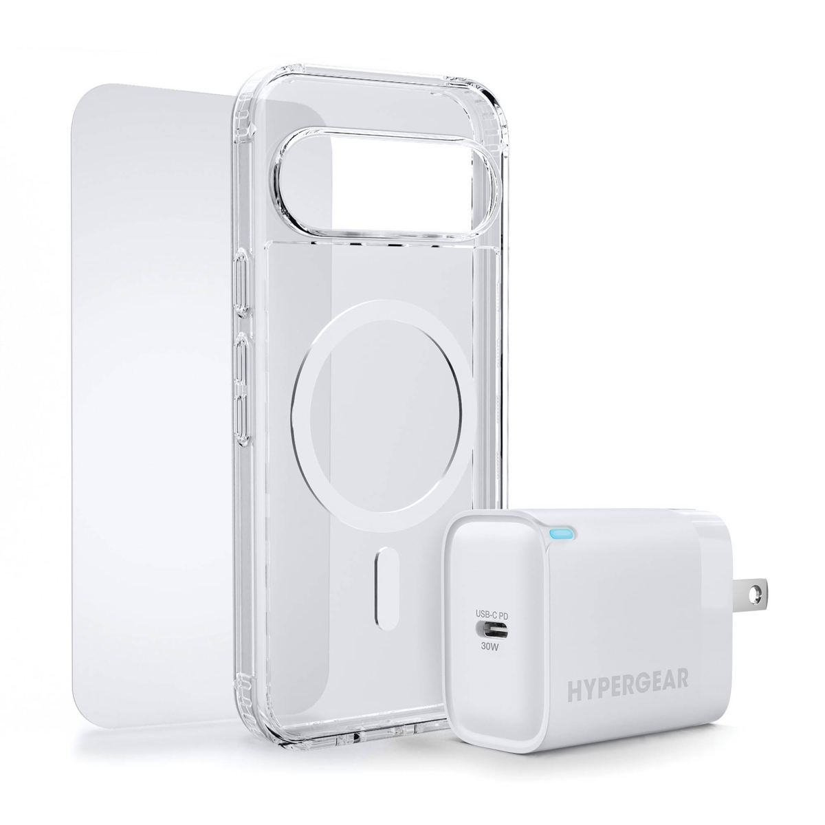 The HyperGear Accessory Bundle provides all the essentials to get started with a new phone: a clear magnetic case, a screen protector, and a fast-charging 30W power adapter.