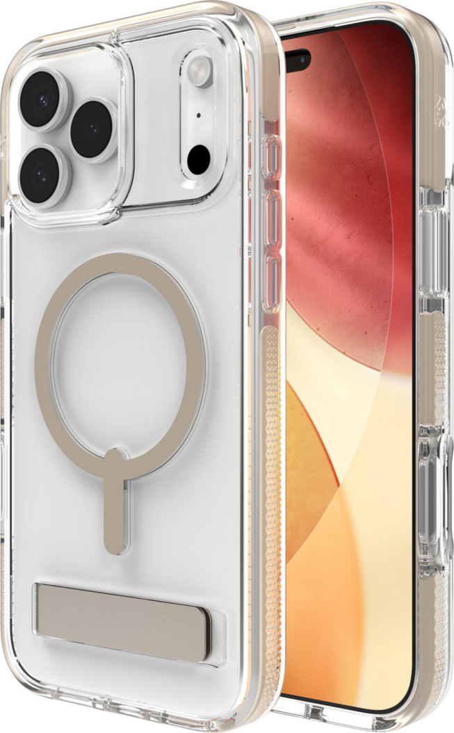 The ZAGG Santa Cruz Snap is a transparent case with pops of color that accent its design. It offers 13-foot drop protection, a sturdy kickstand that folds flush with the case, and is MagSafe compatible.