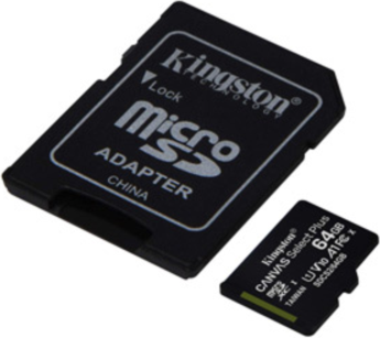 Kingston’s Canvas Select Plus 64GB microSD is compatible with Android devices and designed with A1-rated performance.