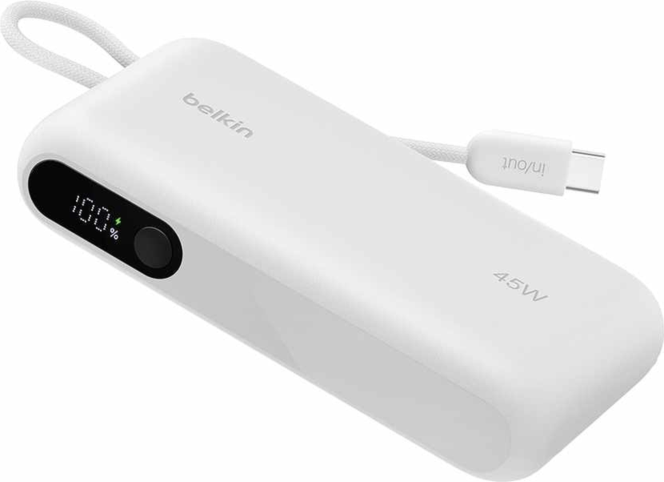 Belkin - Batterie externe Ultracharge 10 000 mAh 45 W avec écran et câble intégré, blanche