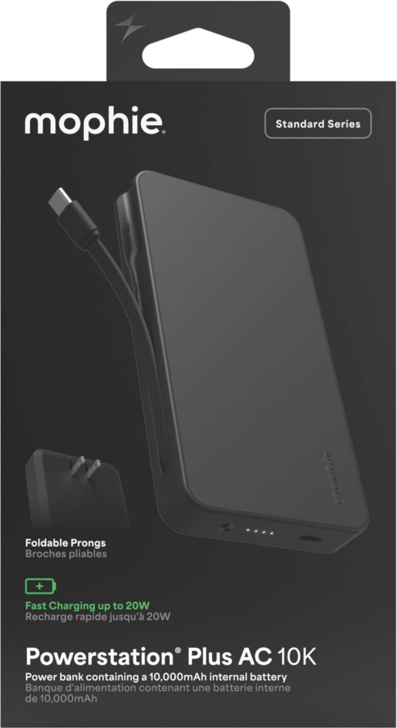 Mophie 10,000 mAh Powerstation Plus AC delivers up to 20W fast charging with an integrated USB-C cable, built-in AC plug, and dual-device charging in one travel-ready design.