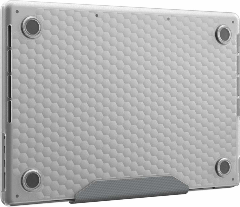 The UAG Essential Armor for Apple MacBooks is a one-piece, featherlight case featuring a translucent design, tactile grip, MIL-STD drop protection, and cooling vents for optimized performance.