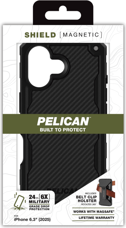 The Pelican Shield MagSafe Case offers 24-foot drop protection, featuring a dual-layer defense, carbon fiber, a textured grip, a versatile belt clip/stand, and MagSafe charging compatibility.