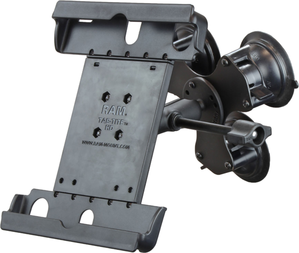 The RAM® Tab-Tite™ with RAM® Twist-Lock™ Triple Suction for 9"-10.5" Tablets is a triple suction cup base to keep the device secure and steady over all types of terrain.