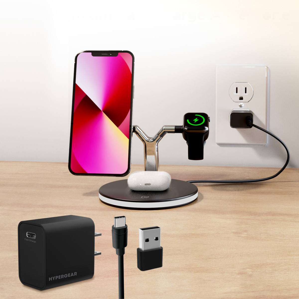 <p>Meticulously engineered, HyperGear 26W MaxCharge 3-in-1 Wireless Charging Stand allows to charge all Apple devices in one place.</p>