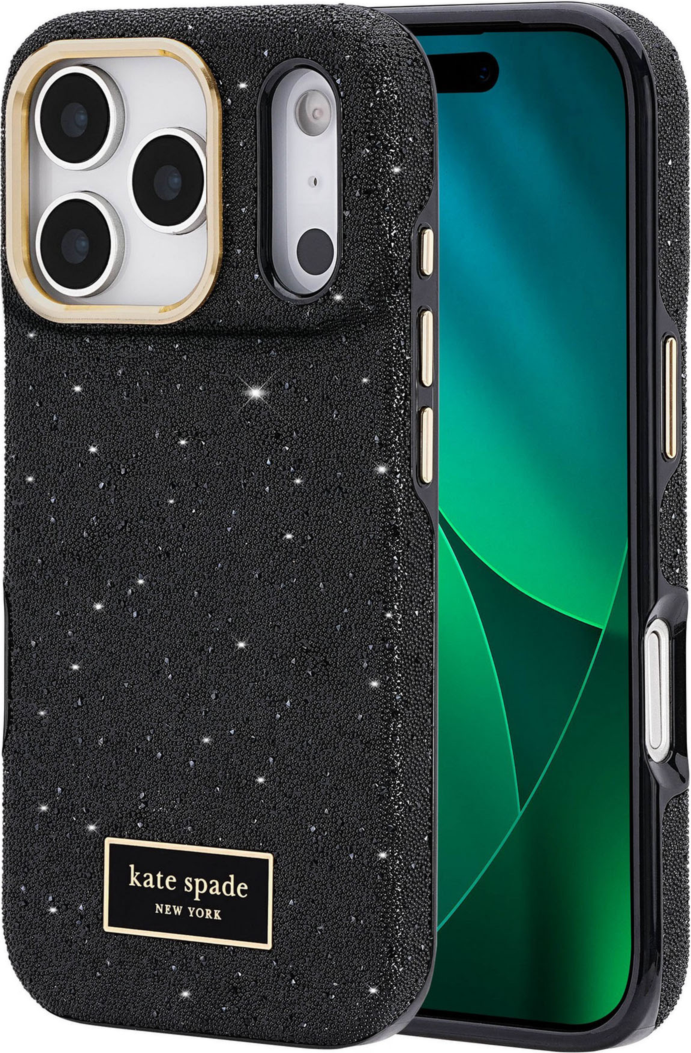 <p>The kate spade new york Crystal Pavé Case is a stylish phone case featuring a black crystal pavé inlay with gold hardware, provides 12-foot drop protection and offers MagSafe compatibility.</p>