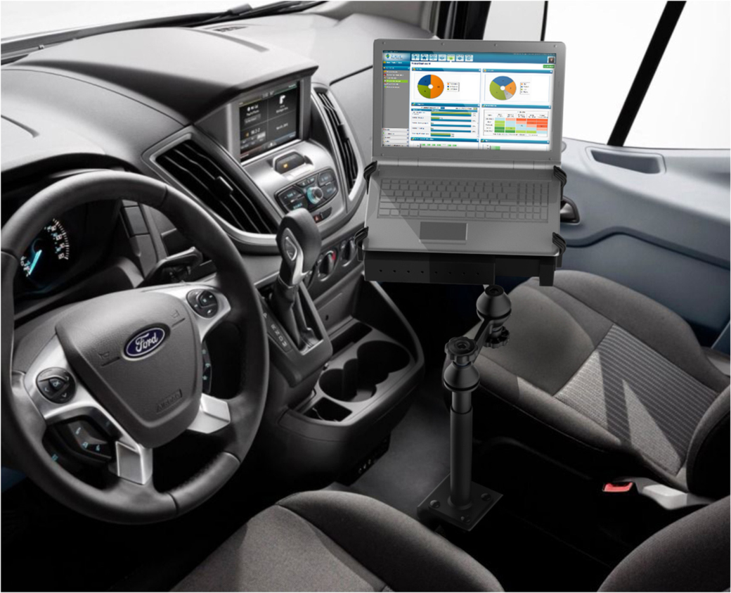 The RAM® No-Drill™ Laptop Mount for the Ford Transit Full Size Van features a heavy-duty steel mounting base custom designed to fit this vehicle perfectly.
