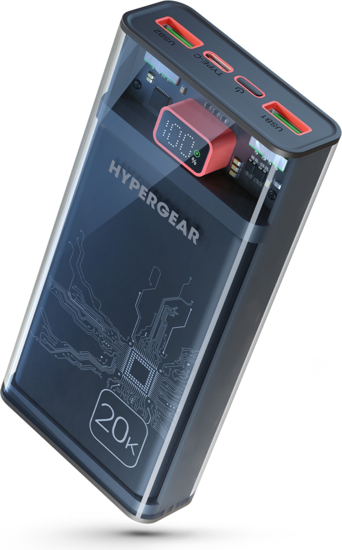 <p>The HyperGear 20,000 mAh Transparent Fast Charge Power Bank charges 3 devices at once, delivering up to 22.5W of combined power with a USB-C PD port and two USB-A fast charging ports.</p>