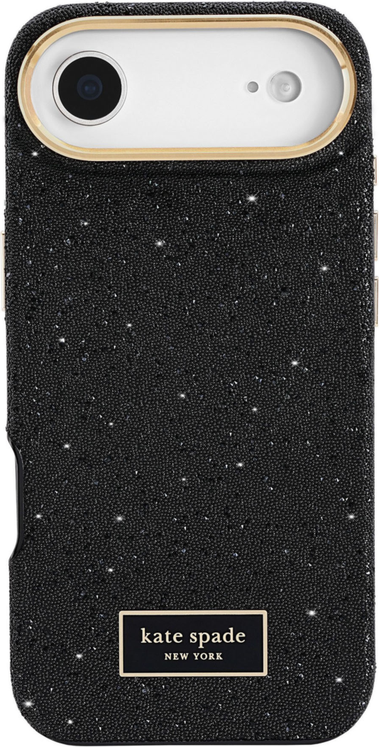 The kate spade new york Crystal Pavé Case is a stylish phone case featuring a black crystal pavé inlay with gold hardware, provides 12-foot drop protection and offers MagSafe compatibility.