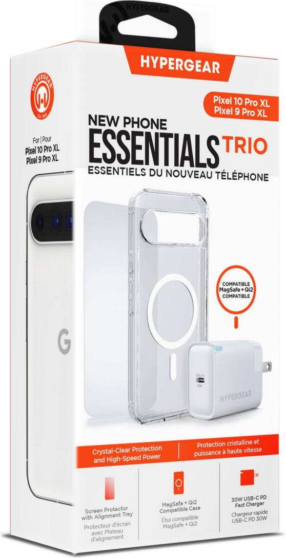 The HyperGear Accessory Bundle provides all the essentials to get started with a new phone: a clear MagSafe case, a screen protector, and a fast-charging 30W power adapter.
