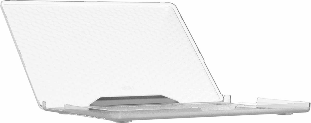 The UAG Essential Armor for Apple MacBooks is a one-piece, featherlight case featuring a translucent design, tactile grip, MIL-STD drop protection, and cooling vents for optimized performance.