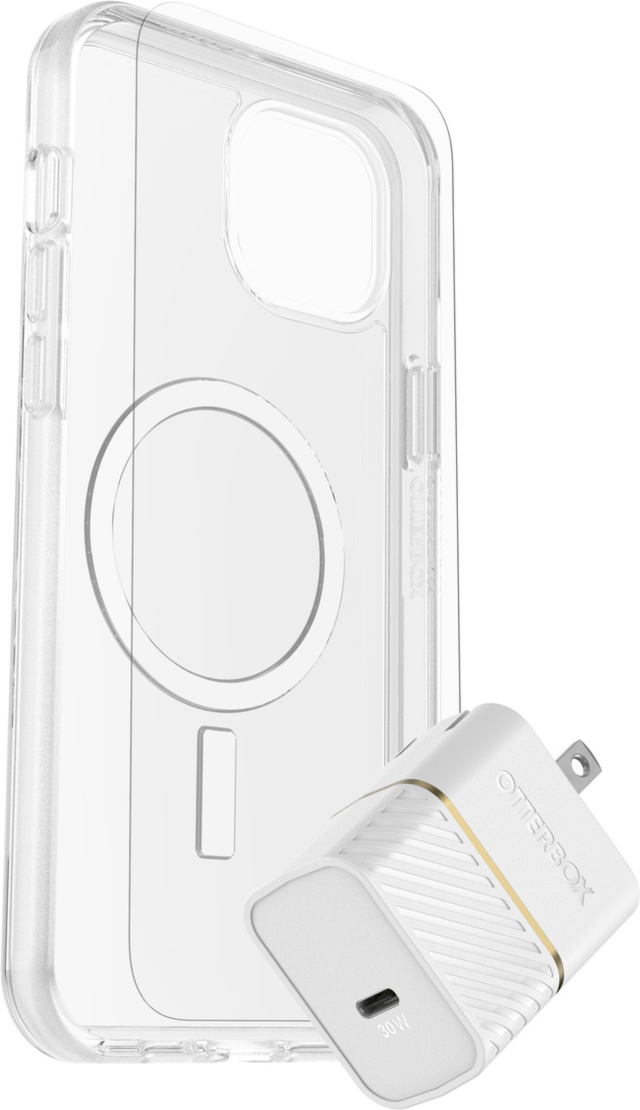 OtterBox’s Protection + Power Kit offers 360° protection and power in one bundle. It includes a Symmetry Series Clear case with MagSafe, a Glass Screen Protector, and a high-performance 30W Wall Charger.